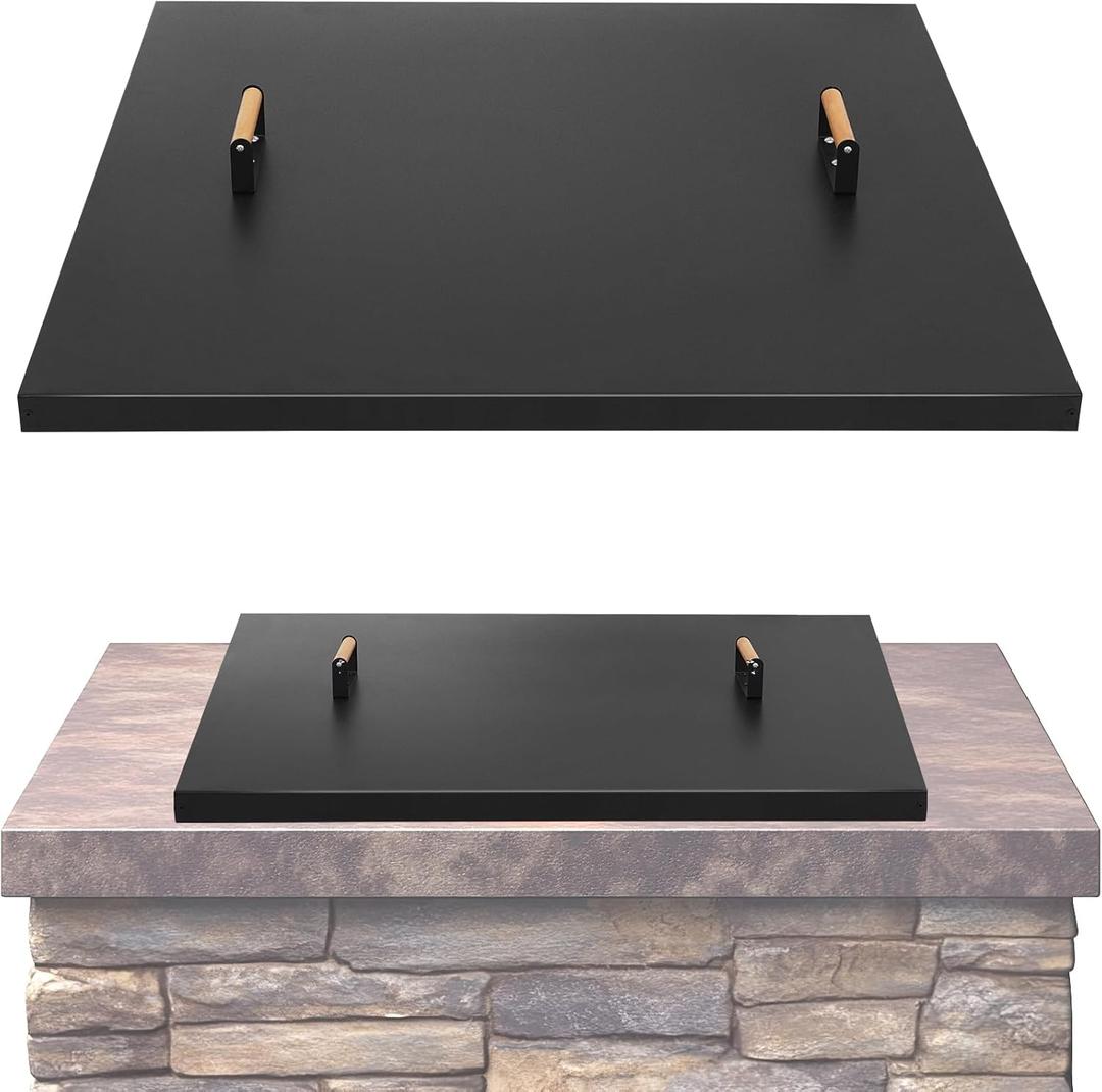 Fire Pit Lid Square 34", Heat Resistant Metal Firepit Cover with 2 Wooden Handles for Square Patio Fire Pit, Compatible for Firepits Inside Dia Up to 32"