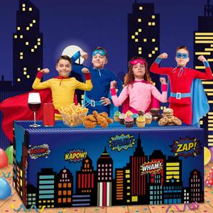 Oudain 6 ft Hero Theme Tablecloth Hero Party Decoration Cityscape Tablecloth 72 x 30 Inches Washable Fabric Polyester Rectangle Table Cover Birthday Party Supplies