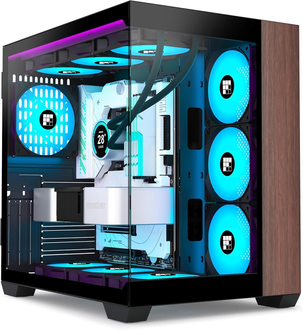 M9 PC Case -Genuine Walnut Wood, Pre-Installed 7 PWM ARGB Fan, ATX Mid-Tower Gaming PC Case, 270 Panoramic Glass, Type-C, Black, FOIFKIN (Black, 7*Fans)