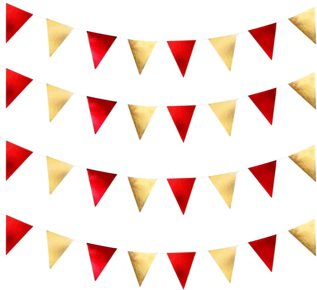 Zwiebeco 39Ft Red Gold Glitter Fabric Bunting Triangle Flags Hanging Cotton Pennant Banner for Birthday Wedding Engagement Graduation New Year Xmas Party Home Garden Decorations Supplies