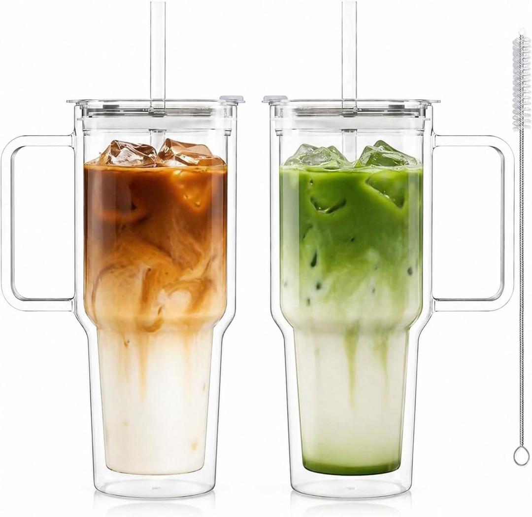 KEMORELA 2 Pack 28oz Double Wall Glass Tumblers with Handle, Lids & Straws Large Insulated Clear Glass Coffee Cups for Iced Coffee, Matcha, Smoothies, Bubble Tea & Cold Drinks