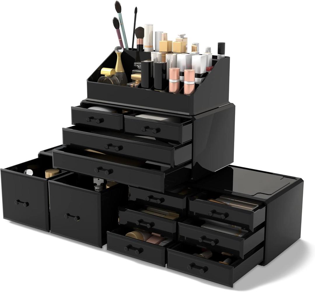 READAEER Makeup Cosmetic Organizer Storage Drawers Display Boxes Case with 12 Drawers (Black)