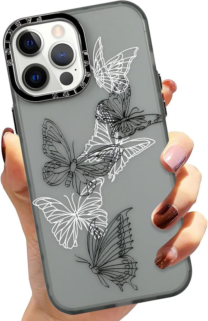 Butterfly Case for iPhone 12 Pro Case Cute Black and White Butterflies Print Pattern Design Phone Cases with Screen Protector for Women Girls Translucent Matte Slim Protective Cover