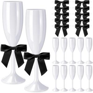 Zopeal 60 Pcs Plastic Champagne Flute Glasses 6 oz and Bow Set 10 Pack Acrylic Wedding Toasting Goblet with 50 Pcs 3.5" Bow Reusable Wine Cup for Bachelorette Bridal (White/Black)