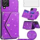 Asuwish Phone Case for Samsung Galaxy A22 4G 6.4 inch Wallet Cover with Tempered Glass Screen Protector and Crossbody Strap Lanyard Bling Glitter Credit Card Holder M32 M22 F22 A 22 22A G4 Purple