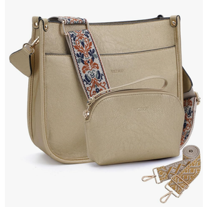 HKCLUF Crossbody Bag Purse for Women 2PCS/Set Leather Hobo Handbag Wallet Set With 2Adjustable Guitar Strap Shoulder Bag, Beige 