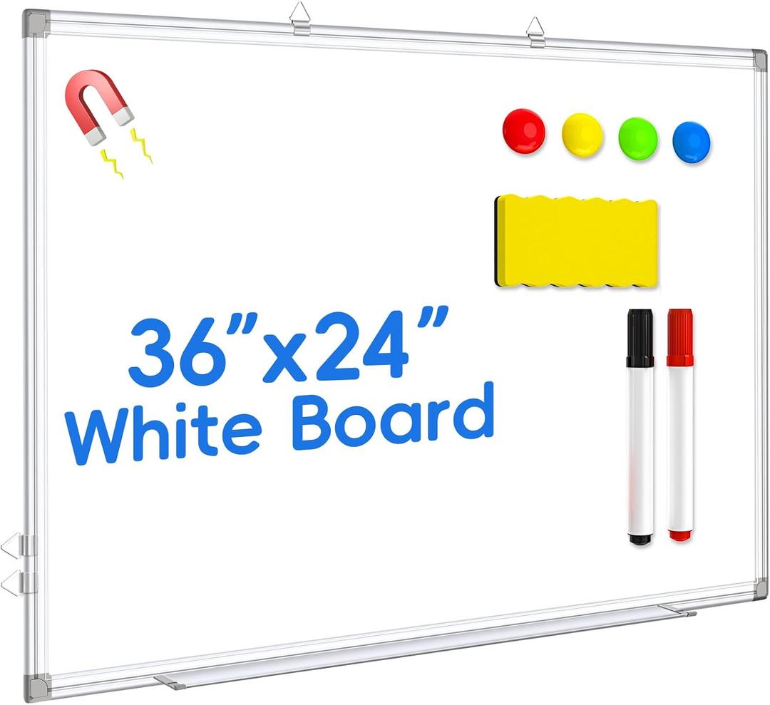 Magnetic Dry Erase WhiteBoard, 36X24 inch, Wall Mounted White Board, Aluminum Frame, Includes 1 Eraser, 2 Markers and 4 Magnets
