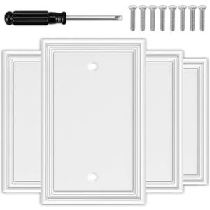 White Decorative Single Blank Light Switch Covers Wall Plate, Natural Material Switch Plates Outlet Covers - Modern Style (1 Gang Blank 4 Pack)