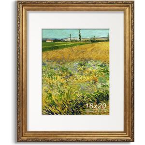 Antique Gold 16x20 Picture Frame, Ornate Embossing Frame with Paper Mat and Plexiglass, Fit for 16x20 without Mat or 11x14 with Mat, Wall Mounting Display for Art Prints, 1 Pack