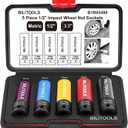 BILITOOLS 1/2 inch Drive Impact Lug Nut Socket Set, 15 17 19 21 22 MM NonMarring Thin Wall Wheel Protector Nut Socket