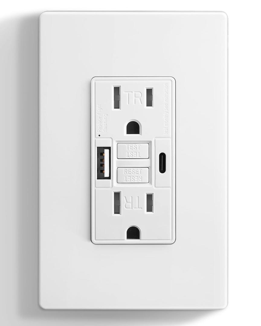 SURAIELEC 15 Amp GFCI Outlet with USB-C & USB-A Ports, GFCI Combo USB Outlet, 5V/4.8A Total Output, Tamper-Resistant Receptacle with USB Ports, Screwless Wall Plate, ETL Listed, White, 1-Pack