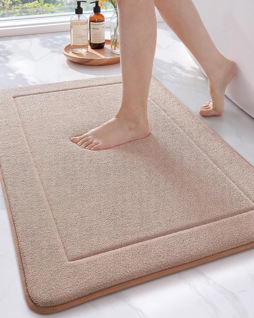 Color&Geometry Thick Memory Foam Beige Bathroom Rugs, 17"x30" Non Slip Super Absorbent Bathmat, Quick Dry Washroom Carpet, Ultra Soft Bath Mat for Outside Shower Floor, Bathtub, Laundry Room (1'5" x 2'6" (Rectangular))