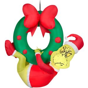 Gemmy Christmas Airblown Inflatable Grinch Hanging from Wreath Dr. Seuss, 4 ft Tall, Green