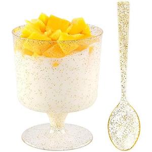 WDF 96PACK 7oz Gold Glitter Medium Large Plastic Dessert Cups With Spoons-48 Disposable Appetizer Cups |Wine Goblet Glasses & 48 Gold Glitter Tasting Spoons for Party
