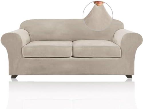 PrinceDeco Couch Cover Velvet Plush Sofa Covers for 2 Cushion Couch Width Up to 90 Inch Washable Furniture Protector Pet Friendly No Slip Sofa Slipcover(Medium-Large, French Oak)