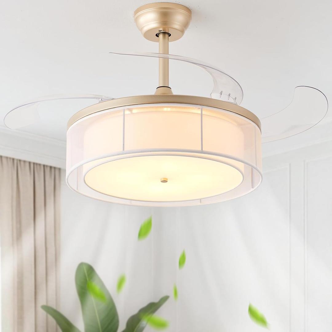 Gold 42'' Retractable Fandelier Celing Fans with Lights, Boho Chandelier Ceiling Fan with Light Remote Control, Caged 6 Speed for Bedroom, Dinning Room, Living Room
