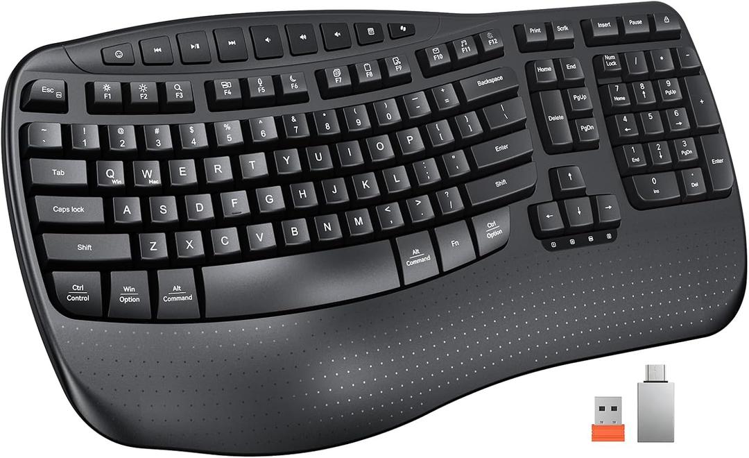 MEETION Wireless Ergonomic Keyboard, Wave Keys Firm Wrist Rest for Natural Typing, 2.4G USB-A Cordless Receiver and USB-C Adapter, Ergo Computer Keyboard Compatible with Windows/Mac/PC/Laptop, Black