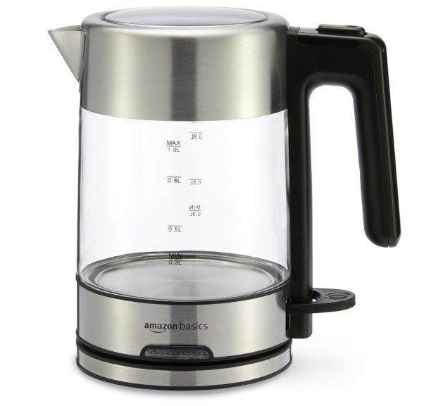 Basics Electric Kettle with Glass Carafe for Tea and Coffee, Fast Boiling, Auto ShutOff, BoilDry Protection, Temperature Control, Removable Filter, 1 Liter, 1500W, BPAFree
