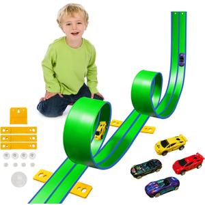 15 Ft Flexible Race Car Track (Aqua Green) for Kids,Flex Track Starter Set Compatible with Hot Wheels and Diecast 1/64th Cars,Portable Racetrack Roll Up Race Track with 4 Racecars and Suction Cups