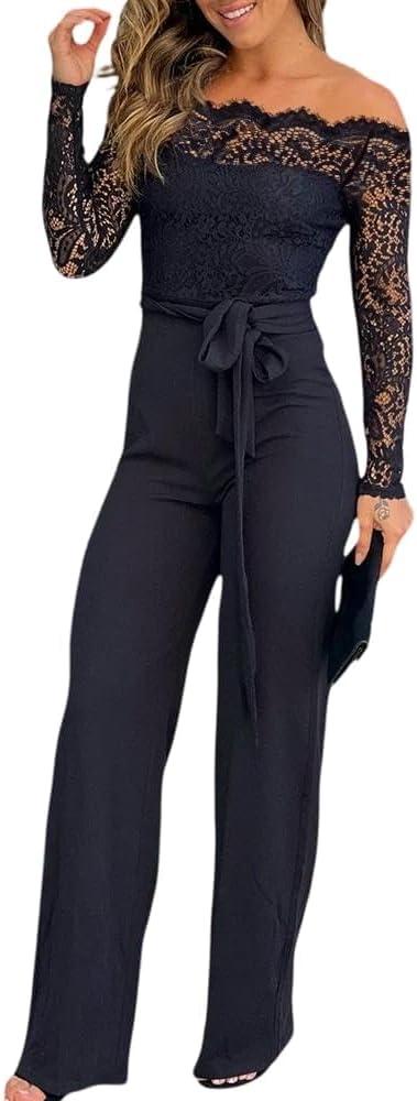 CHICME Womens Dressy Jumpsuits Casual One Piece Outfits Off Shoulder Lace Trim Overalls Straight Leg Pants (Black, M)