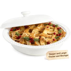 Deep Dish Pie Pan with Lid, 11 inch Ceramic Pie Dish, Round Baking Dish for Apple, Quiche, Pot Pies, Tart, etc, Microwave, Dishwasher, and Oven Safe