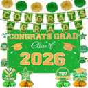 baotongle 18pcs Graduation Decorations Class of Grad Party Decor Pack Congrats Grad Banner and Graduation Backdrop Graduate Centerpieces Hanging Swirls Tissue Pom Poms Paper Flower Set(Green)