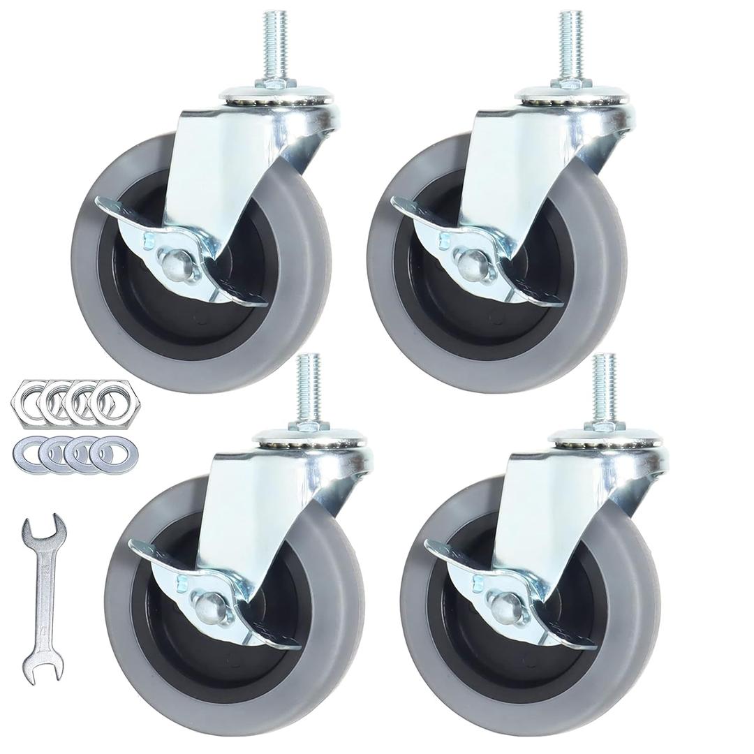 Caster Wheels, Heavy Duty Casters Threaded Stem Casters No Noise Swivel Casters Set of 4 Locking Castor Wheels for Funiture, Workbench, Carts (4 Inch, American Size 1/2''-13×25mm)
