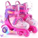 Kids Roller Skates for Beginners - ZOOBLISS Toddler Roller Skates for Girls Ages 3-7 with Light-Up Wheels & 4 Adjustable Sizes, Tri-Wheel Training Skates for Kids (Butterfly Pink), XS (25-28)