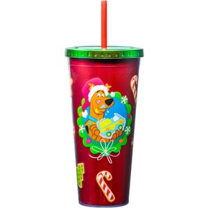 Spoontiques Acrylic Foil Cup with Straw, 20oz - Metallic Locking, Double Wall Insulated, BPA Free - Scooby Doo Christmas