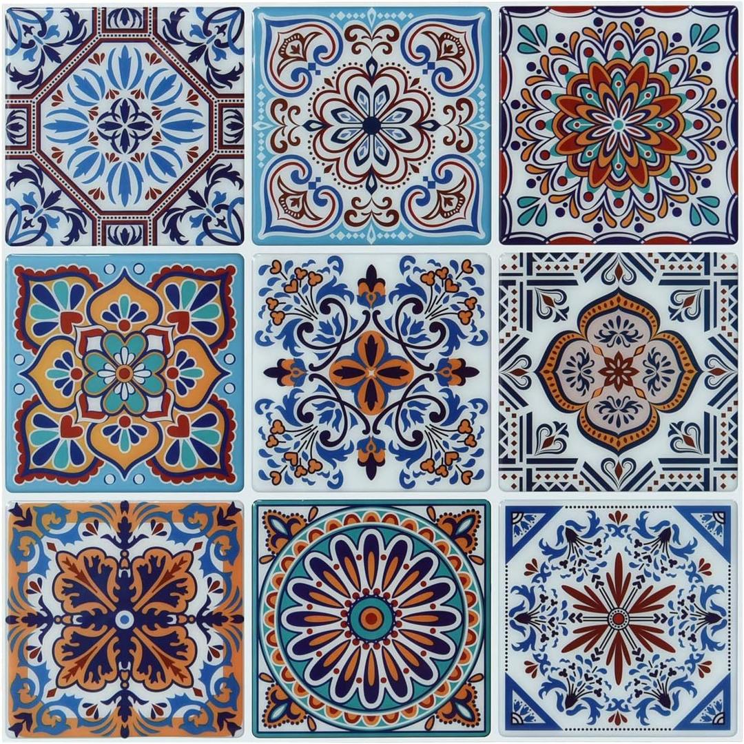 LONGKING Peel and Stick Backsplash Tile Stickers, Colorful Talavera Mexican Tile, Stick on Wall Tiles (10 Sheets) (Aquamarine Blue)