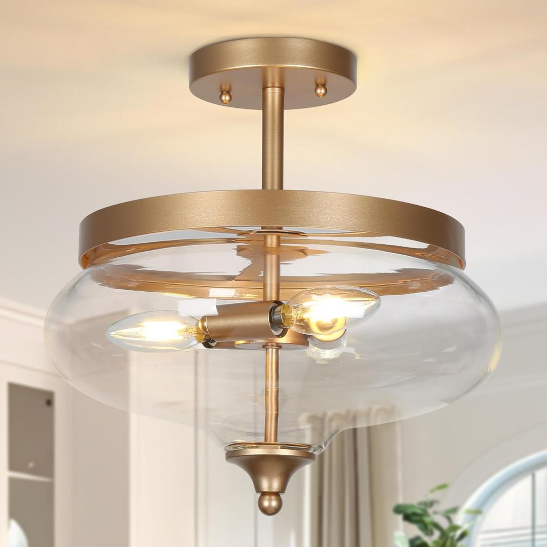 Semi Flush Mount Ceiling Light, 3-Light Gold Close to Ceiling Light Fixtures Modern Ceiling Lights with Clear Bowl-Shaped Glass for Kitchen Hallway Entryway