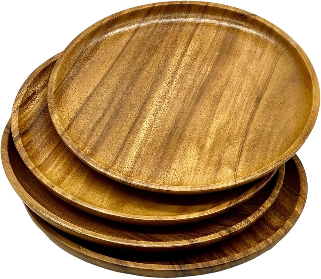 Wooden Plates, Set of 4 Servers, 12 Round, Handcrafted Acacia Hardwood, Versatile Durable Sustainable Tableware for Dinner, Lunch, Breakfast, Charger Plate, Platter, Large.