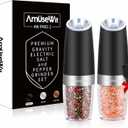 AmuseWit Gravity Electric Salt and Pepper Grinder Set of 2 [White Light] Battery Operated Automatic Pepper and Salt Mills with Light,Adjustable Coarseness,One Handed Operation,Black