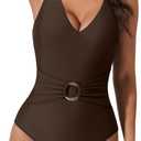 SUUKSESS Women Retro One Piece Swimsuit Metal Tummy Control V Neck Bathing Suit (Brown), XL