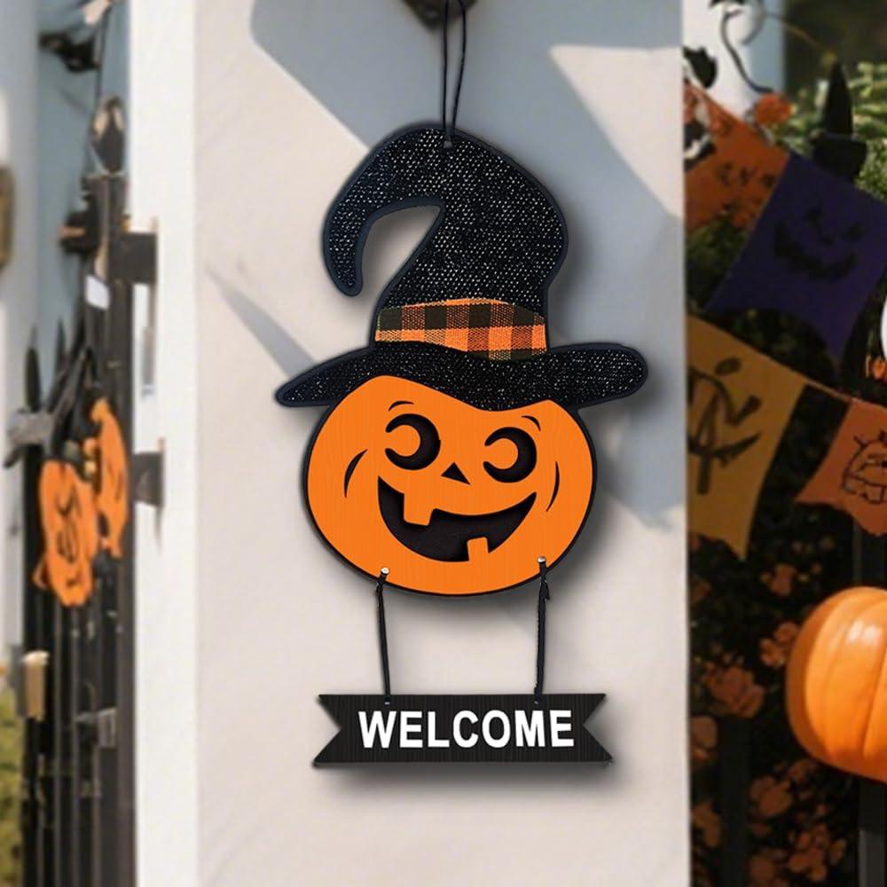 Halloween Door Sign Hanging Decor,Welcome Sign for Front Door&Wall,Wooden Pumpkin signs Decorations for Home, Halloween Hanger Indoor Outdoor Party Haunted House Supplies