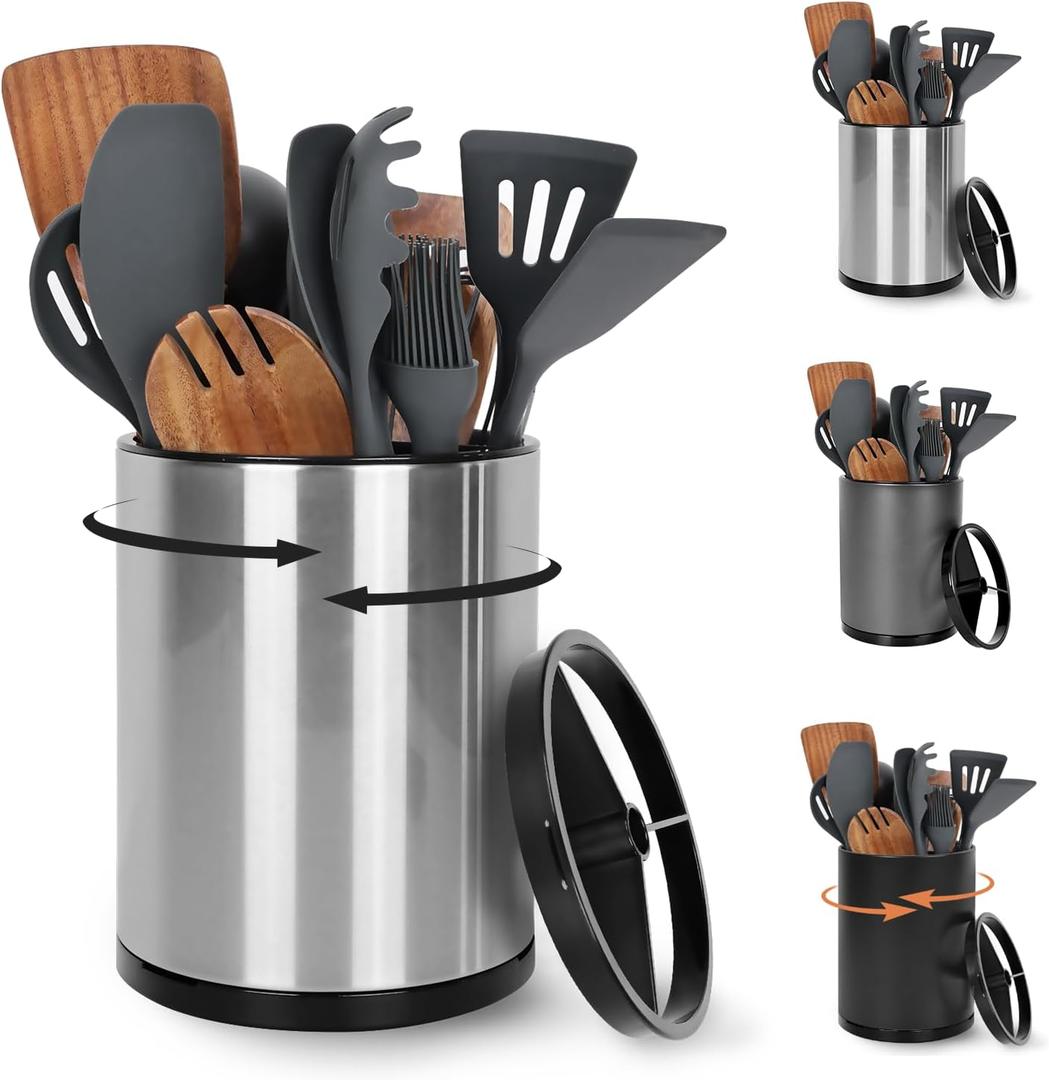 Extra Large Kitchen Utensil Holder, 360 Rotating Stainless Steel Cooking Utensil Holder for Countertop, 3 Compartment Flatware Organizer & Cooking Caddy with Removable BaseSilvery