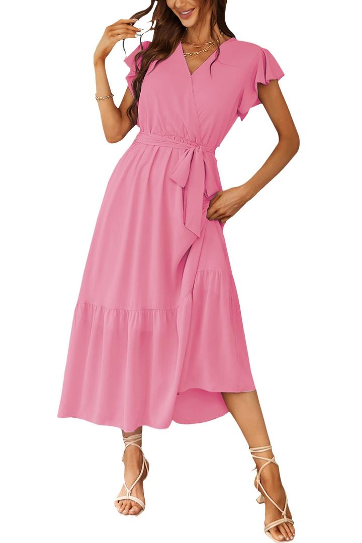 PRETTYGARDEN Women's Summer Floral Boho Dress Wrap V Neck Short Sleeve Ruffle A-Line Flowy Maxi Wedding Guest Dresses (Solid Rose Pink,Medium)