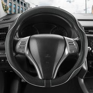 Leather Car Steering Wheel Cover,Anti-Slip, Safety,Soft,Breathable,Heavy Duty,Thick,Full Surround, Sports Style,Universal Car Accessories for Women Men Fit 14" 1/2-15"(Black with White line)