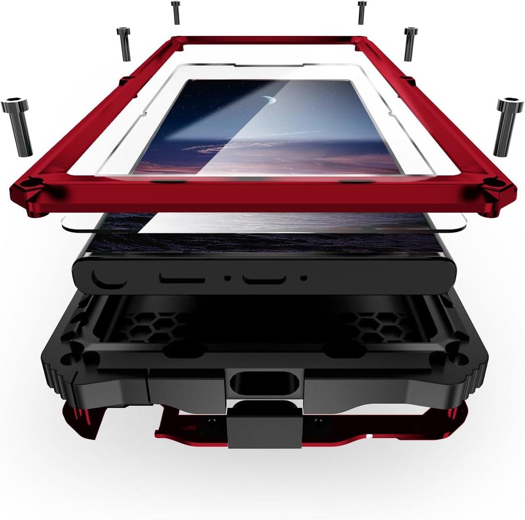Compatible For Samsung Galaxy S25 Ultra Metal Case with Stand, Heavy Duty Dust Proof Military Grade Rugged Case, Built-in Screen Protector Camera Protector with Full-Body Bumper Cover (Red)