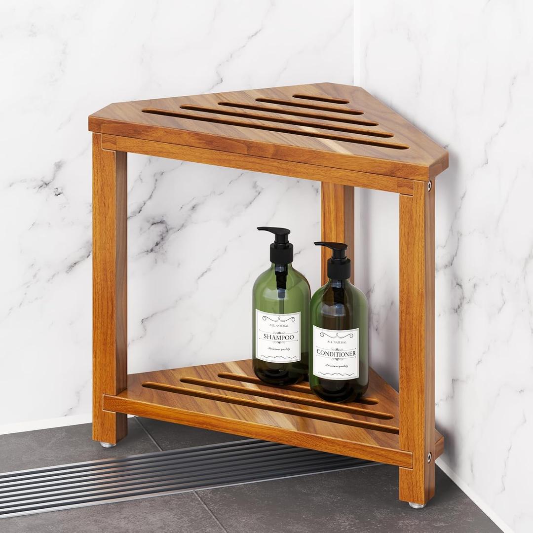 Corner Shower Stool for Inside Shower, 14" Shower Foot Rest Stool for Shaving Legs, Acacia Wood Corner Shower Shaving Step Stools, Waterproof Leg Shaver Foot Rest Bench Seat