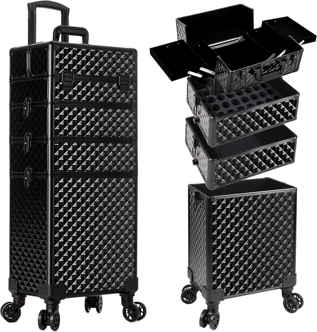 AROUS Rolling Makeup Train Case 4 in 1 Cosmetology Case on Wheels Large Storage Cosmetic Trolley with Key Salon Barber Case Traveling Cart Trunk, Black