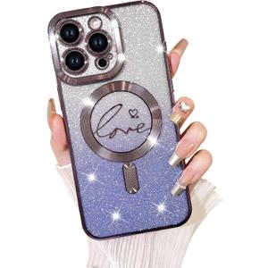 Fiyart Designed for iPhone 15 Pro Max Case,Compatible with MagSafe Love Heart Plating Camera Protection TPU Magnetic Glitter for Women Girls Shockproof Phone Bumper 6.7"-Purple