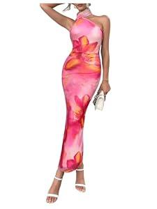 Floerns Women's Halter Neck Sleeveless Backless Bodycon Dress Cocktail Party Maxi Dresses Hot Pink, Large