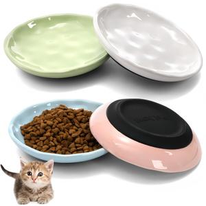 4 Pack Cat Food Bowl, Ceramic Cat Wet Food Bowls for Indoor Cats, Anti Whisker Fatigue Kitten Feeding Plate, Shallow Dog Dishes with Silicone Bottom for Puppy, Rabbit, Small Pet
