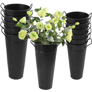12 PCS 9 Inch Metal Flower Vase for Cut Flowers, Galvanized Metal Floral Buckets, Vintage Style Galvanized Flower Bucket for Home Decor & Wedding Centerpiece (Black)