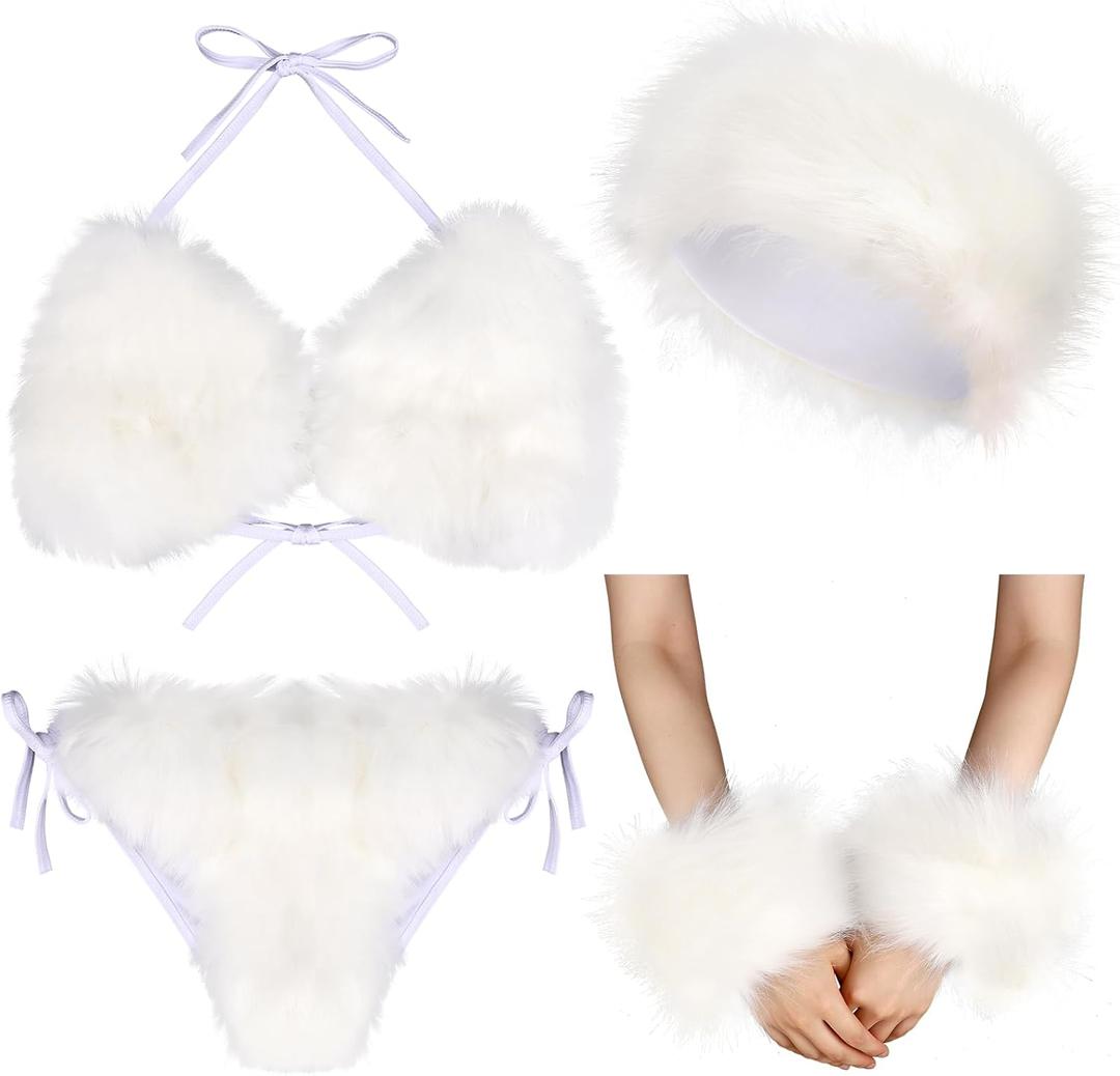 Ramede 4 Pcs Women's Faux Fur Bikini Bra Top Fur Headband Wrist Cuffs Bikini Panties Set Furry Suits for Women Swimsuits (White)