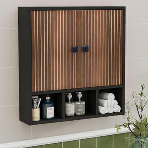 Bathroom Wall Cabinet,Wooden Medicine Cabinet with Fluted Doors Over The Toilet Storage Cabinet with Adjustable Shelf for Bathroom,Black