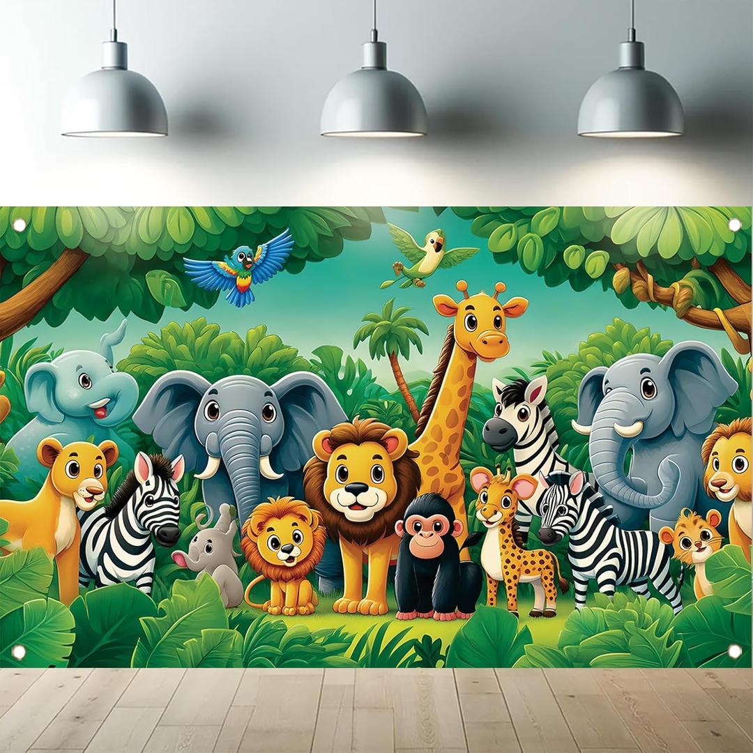 Jungle Animal Birthday Backdrop 71 X 43 Inch Safari Zoo Cartoon Banner with Lion Giraffe Elephant Zebra for Kids Boys Girls Birthday Party Decorations Indoor Outdoor
