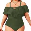 Daci Women Plus Size One Piece Swimsuits Tummy Control Ruffle Off Shoulder Bathing Suits (Green, M)