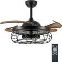 DuMaiWay 48" Retractable Ceiling Fans, Fandelier Industrial Caged Ceiling Fan with Remote Controller Vintage Style for Farmhouse/Living Room/Bedroom/Restaurant 5 Lights 4 Fan Blades